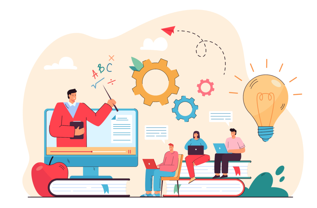 a vector depiction of a person presenting research findings to an audience.