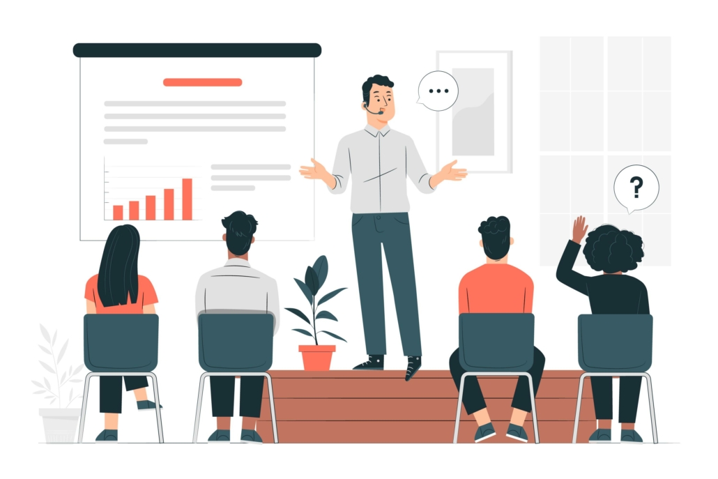 A 2D art depiction of a class attending a paid training.