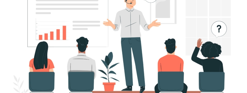 A 2D art depiction of a class attending a paid training