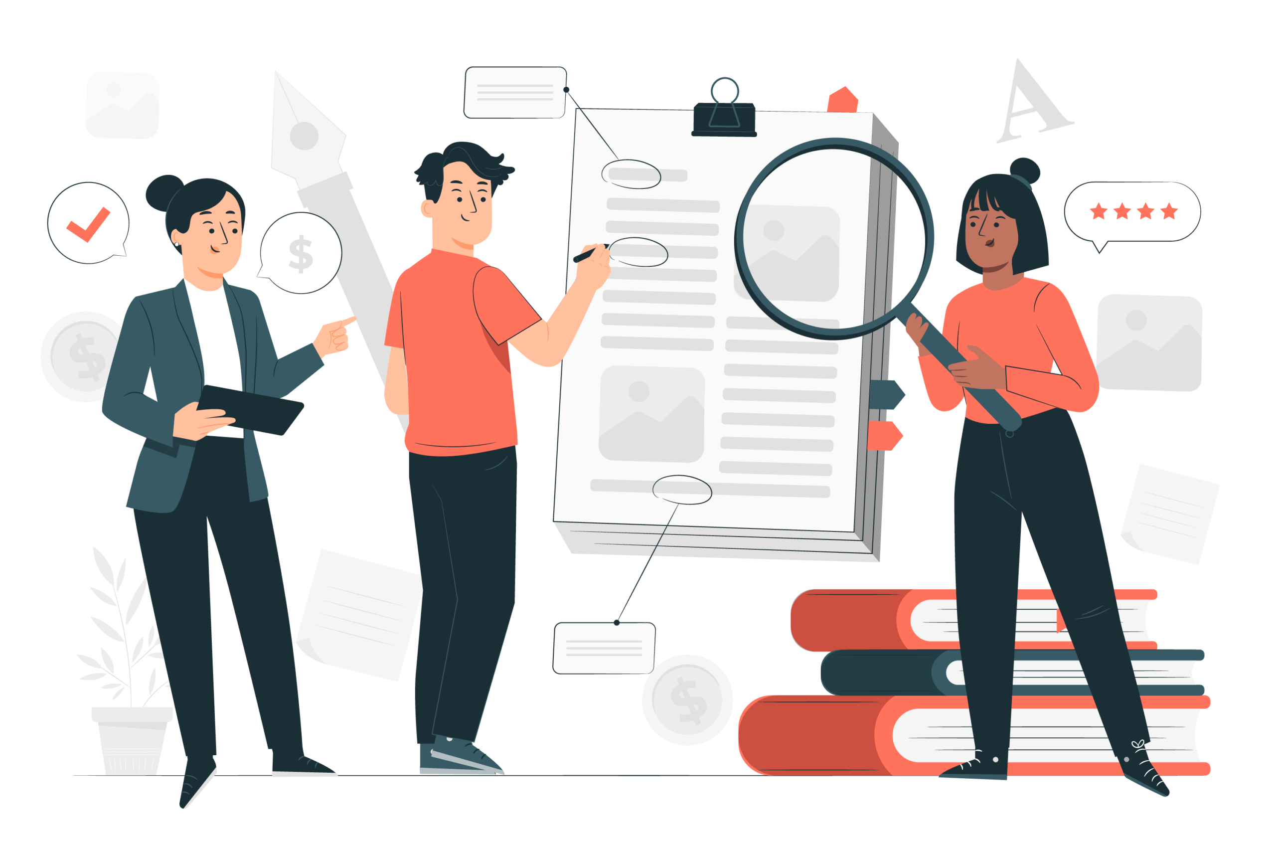 A vector depiction of researchers writing an academic abstract