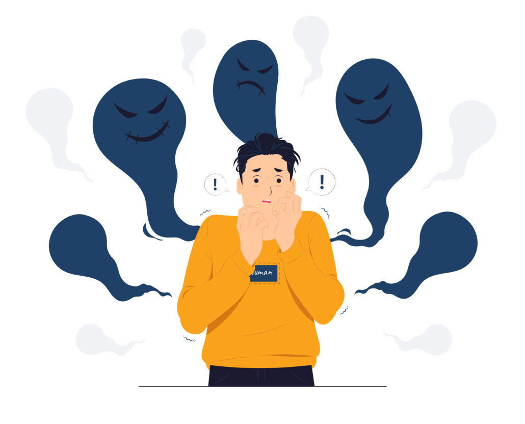 A depiction of a person struggling with imposter syndrome in academia