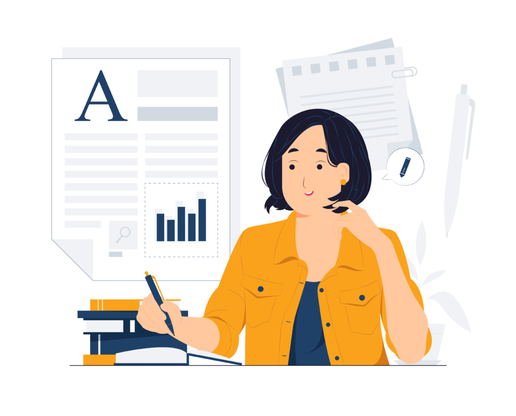 A vector depiction of a researcher writing an introduction for research papers