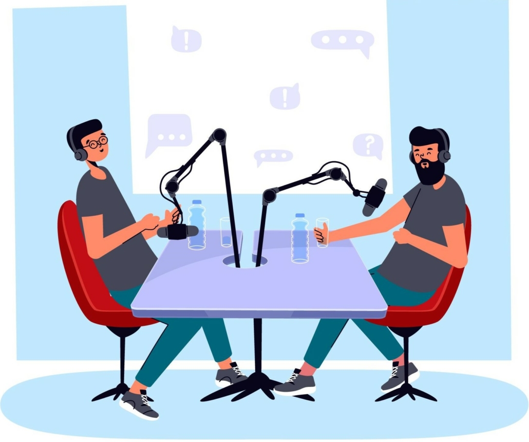 A vector depicting two individuals who’ve followed a guide to creating podcasts