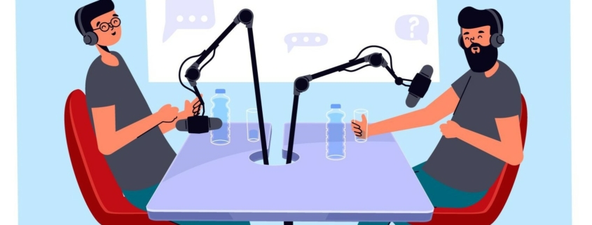 a vector depicting two individuals who’ve followed a guide to creating podcasts Image Name: creating-podcasts